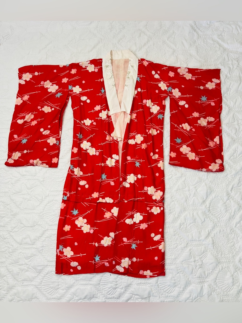 Vintage Red Floral Handmade Japanese Kimono Robe